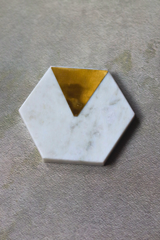White & golden marble hexagon coaster 
