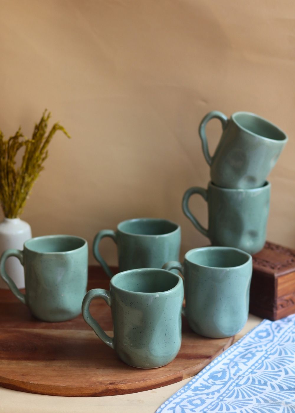 Green Wavy Mug  - Set of 6 handmade in india