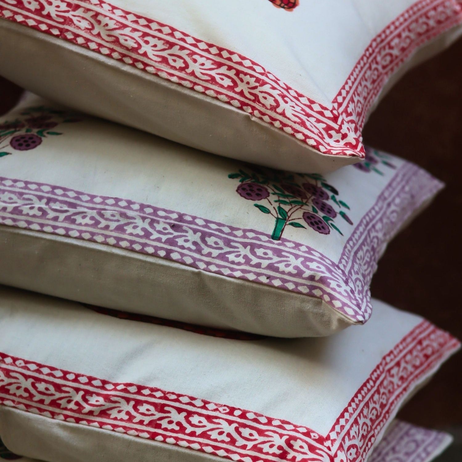 handmade Ele block printed & Purple floweret Cushion Cover combo