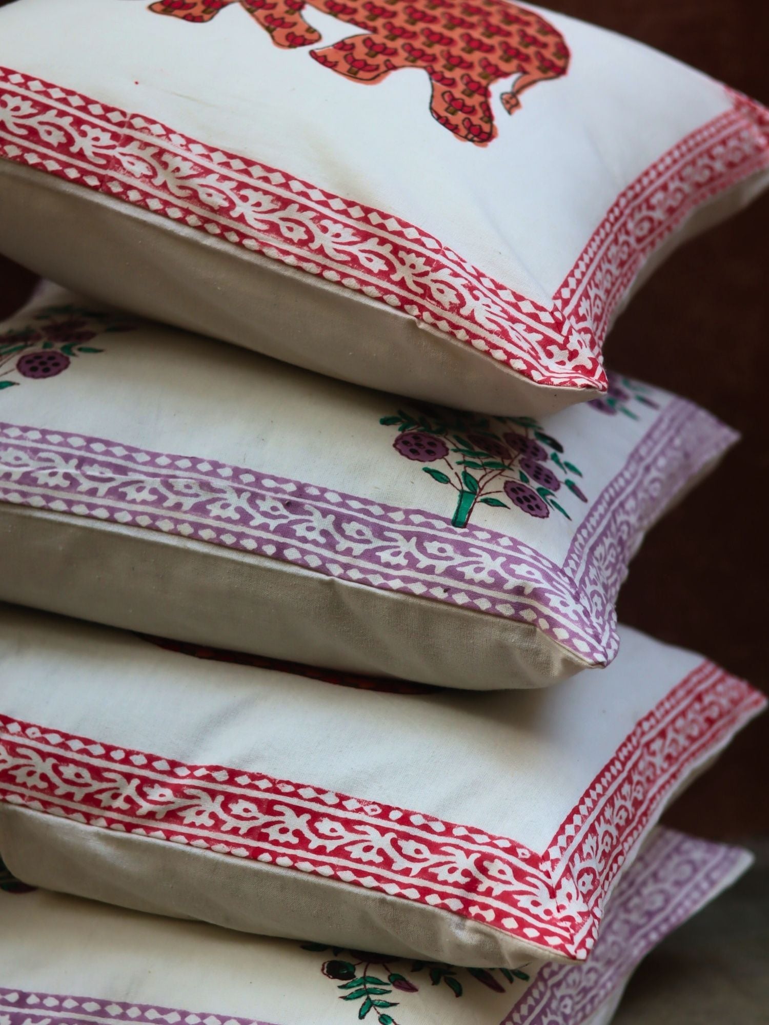 handmade Ele block printed & Purple floweret Cushion Cover combo