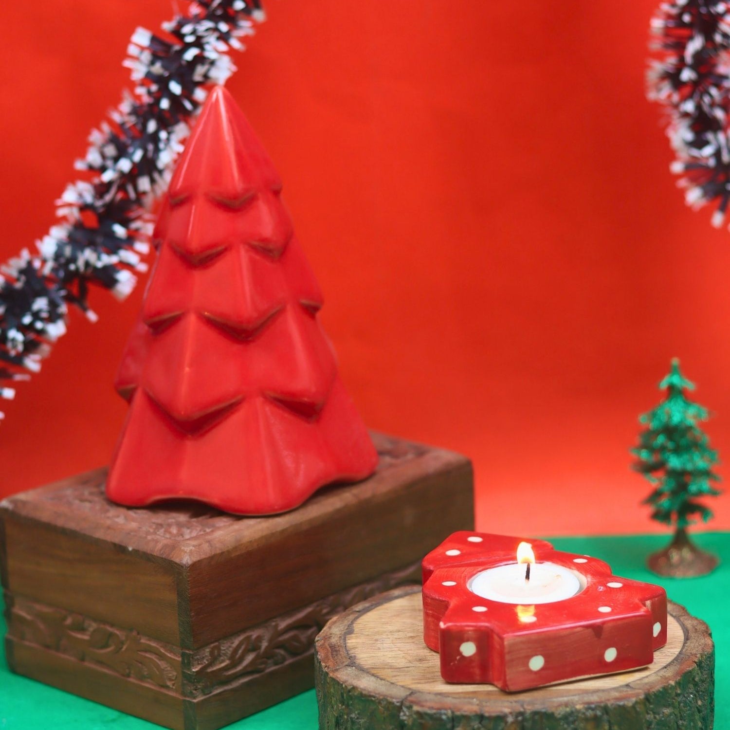 handmade Set of 2 - Christmas tree tea Light holder & Red Conical Christmas tree combo