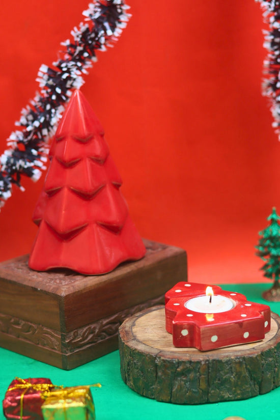 handmade Set of 2 - Christmas tree tea Light holder & Red Conical Christmas tree combo