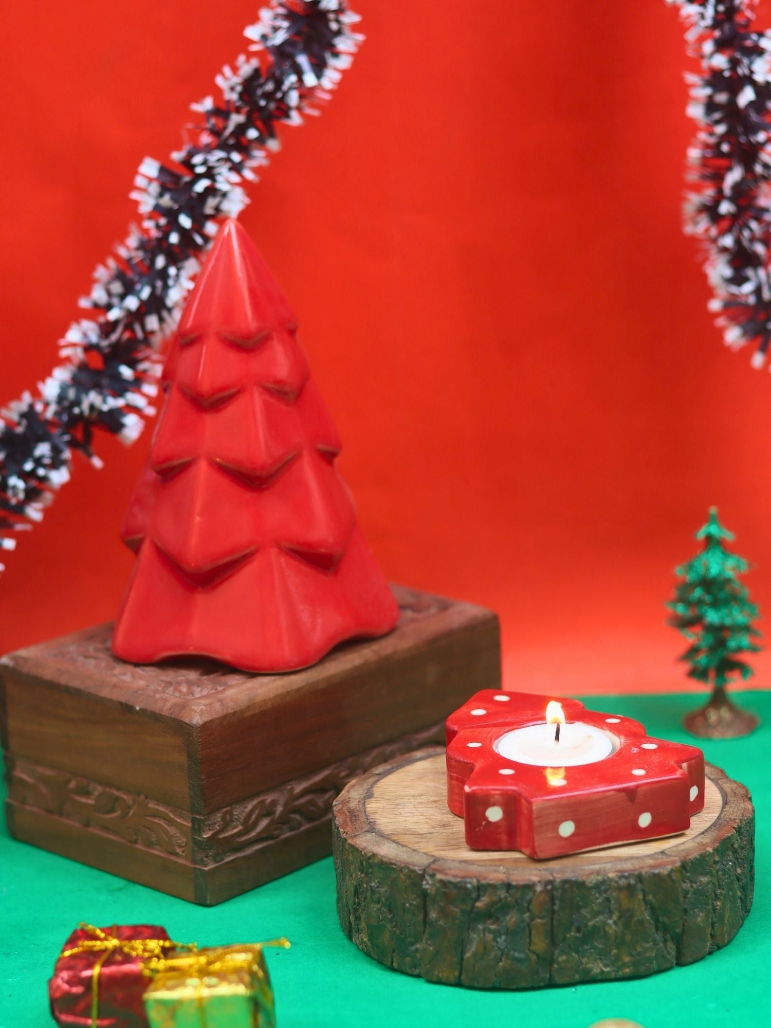 handmade Set of 2 - Christmas tree tea Light holder & Red Conical Christmas tree combo