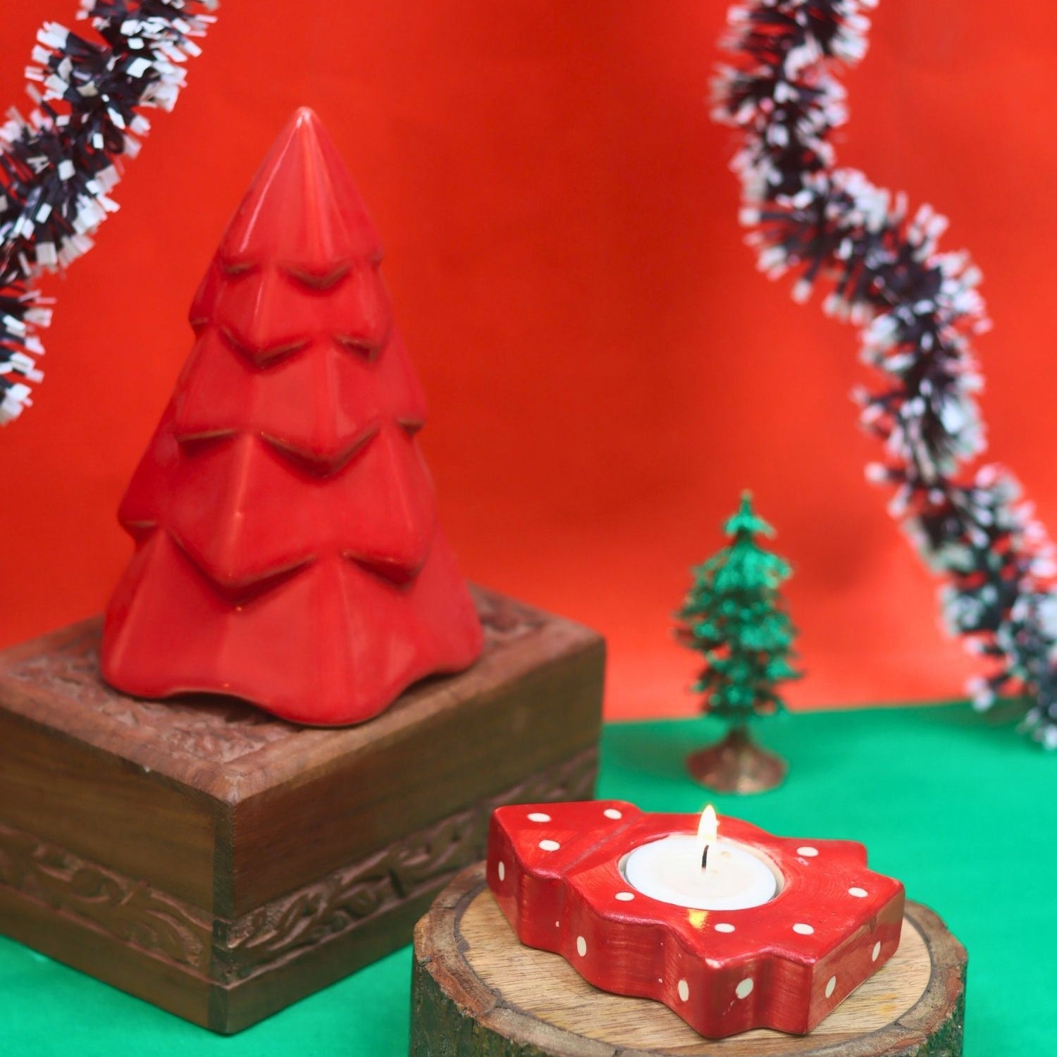 Set of 2 - Christmas tree tea Light holder & Red Conical Christmas tree combo made by ceramic