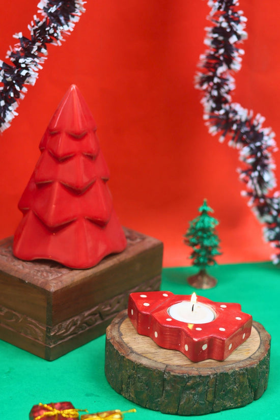 Set of 2 - Christmas tree tea Light holder & Red Conical Christmas tree combo made by ceramic