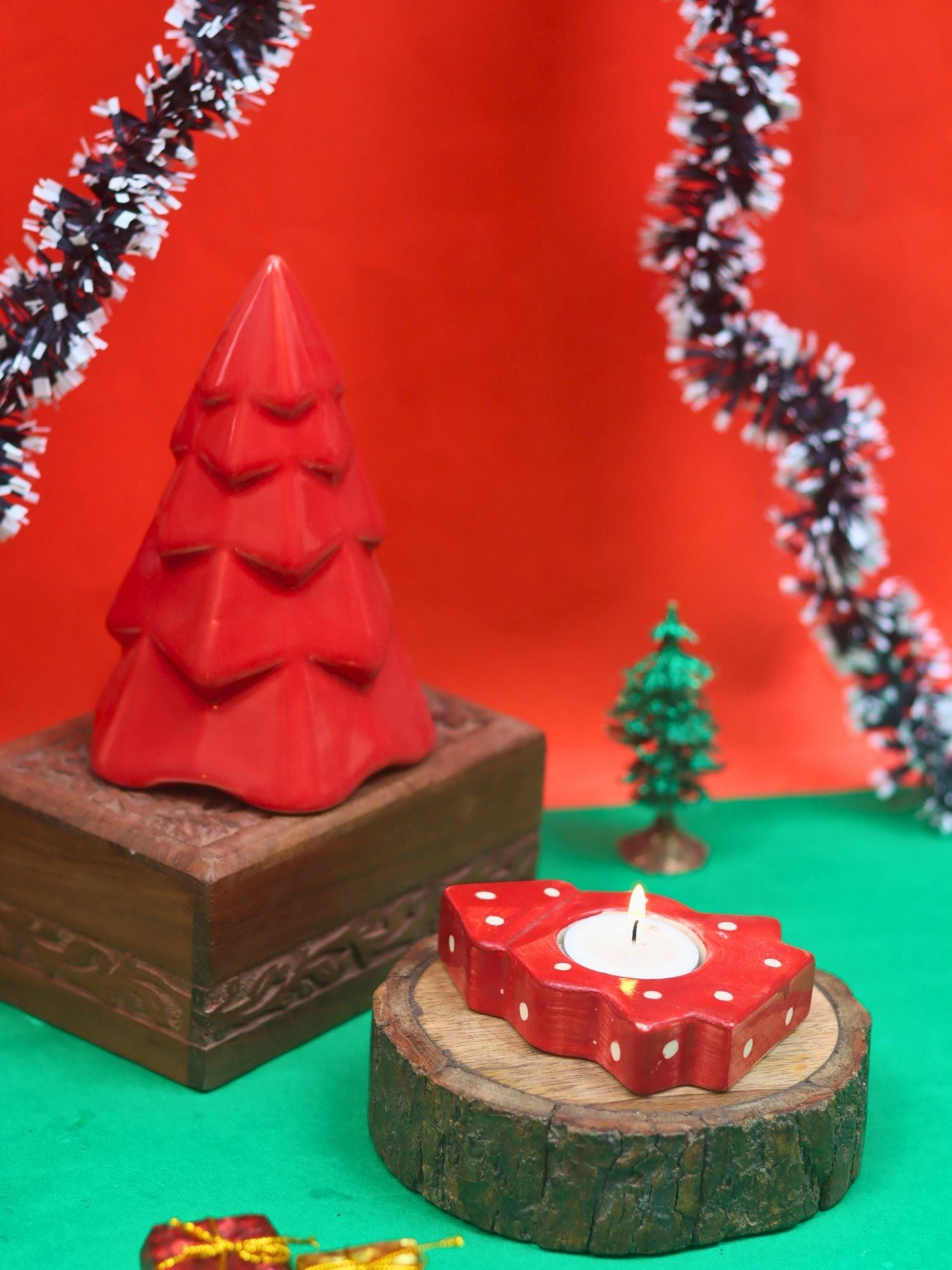 Set of 2 - Christmas tree tea Light holder & Red Conical Christmas tree combo made by ceramic