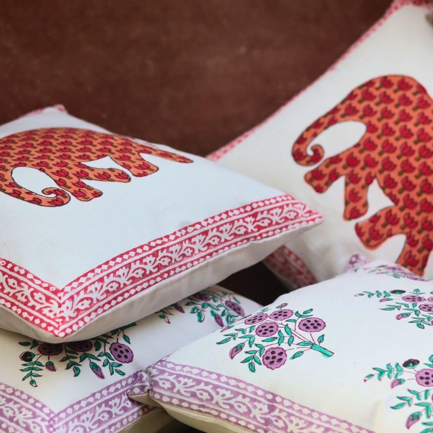 Ele block printed & Purple floweret Cushion Cover combo made by ceramic