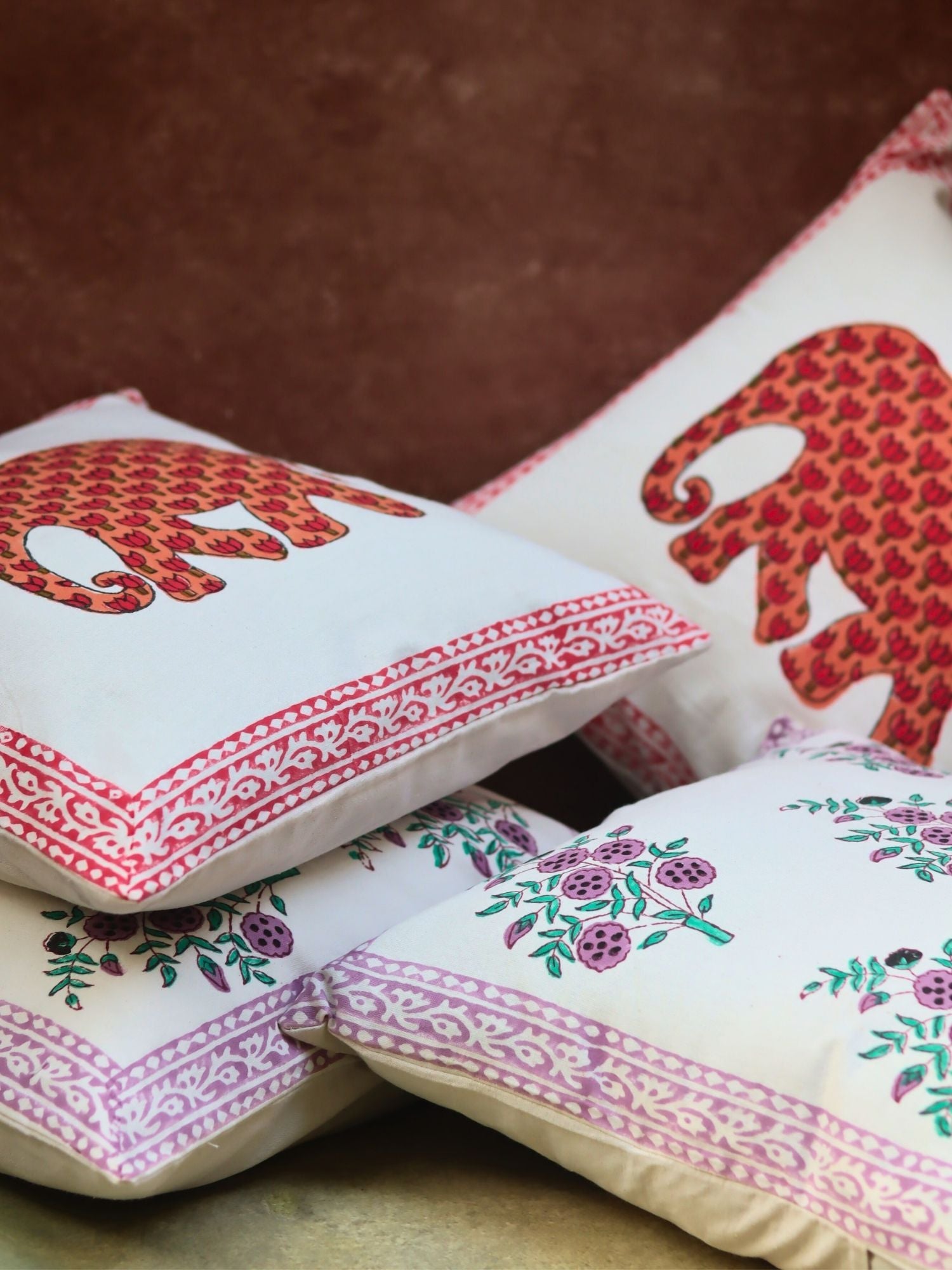 Ele block printed & Purple floweret Cushion Cover combo made by ceramic