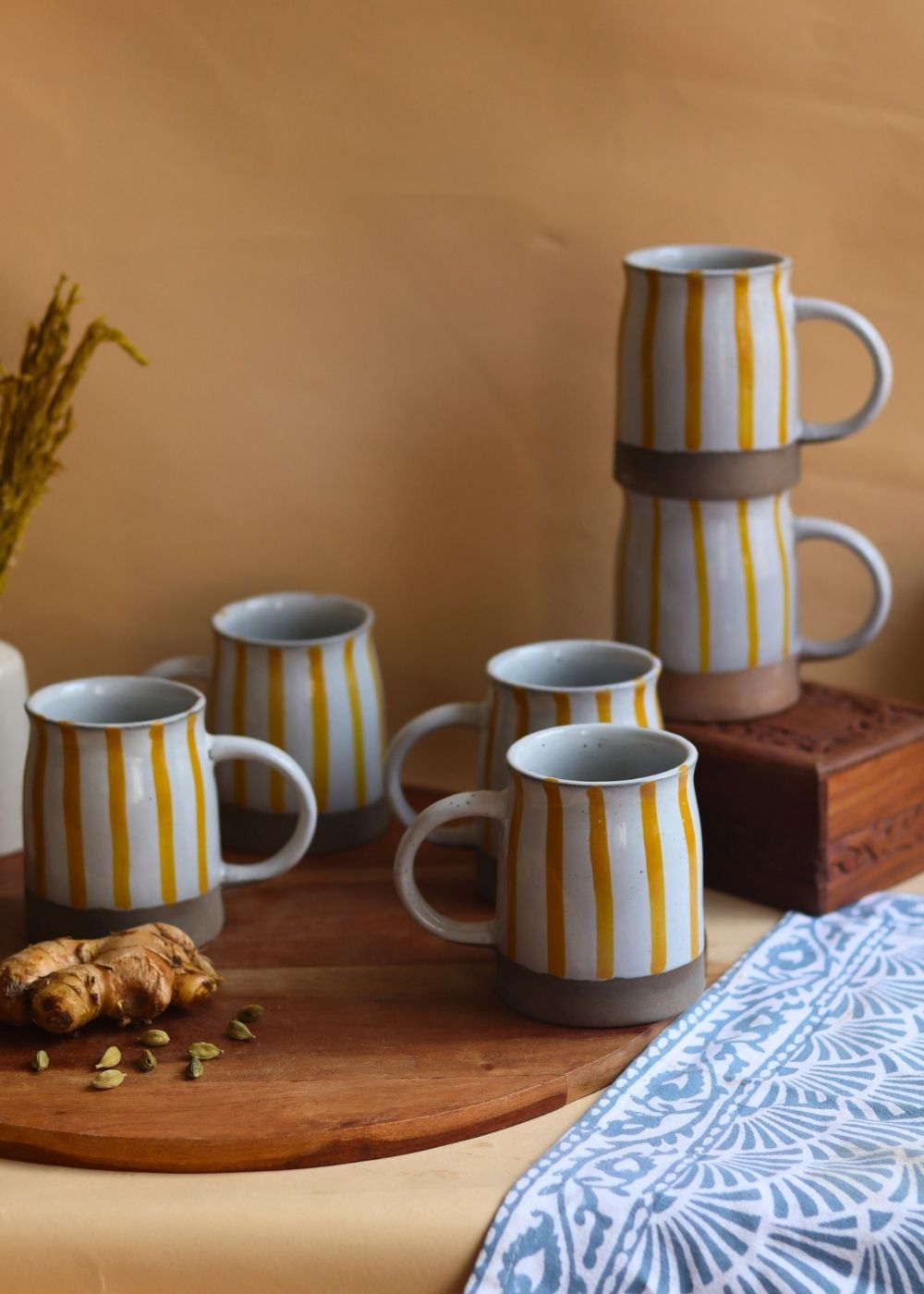 Handmade Yellow Striped Mug - Set of 6