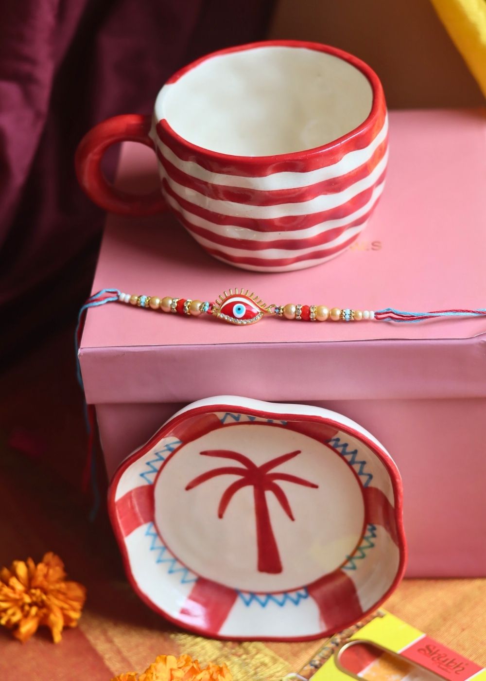 Red Lined Mug & Palm handmade Dessert Plate Rakhi Gift Box handmade in India