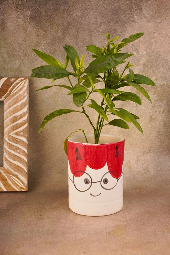 cat desk planter pot with red & white color
