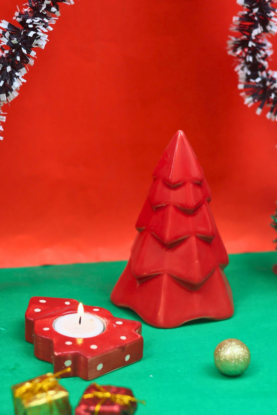Set of 2 - Christmas tree tea Light holder & Red Conical Christmas tree combo with premium quality material