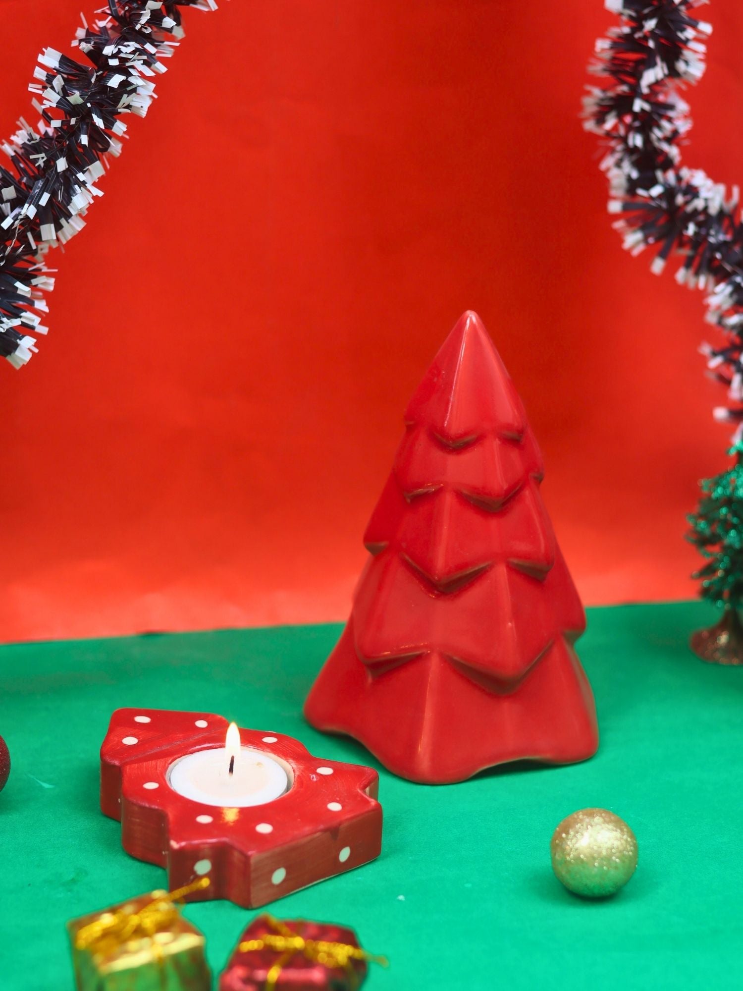 Set of 2 - Christmas tree tea Light holder & Red Conical Christmas tree combo with premium quality material