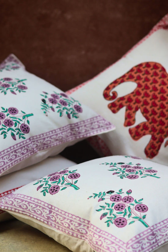 Ele block printed & Purple floweret Cushion Cover combo with premium quality material