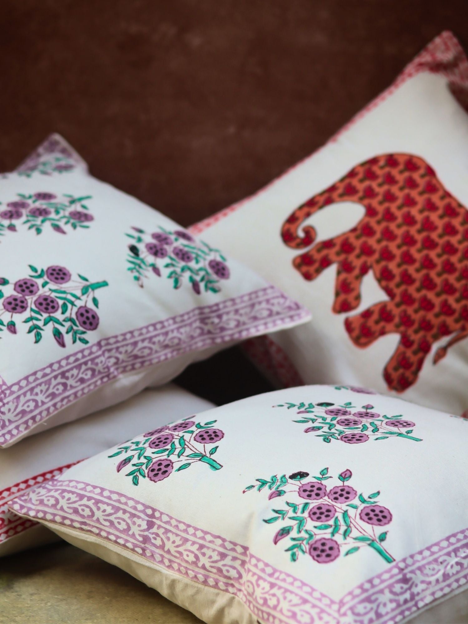 Ele block printed & Purple floweret Cushion Cover combo with premium quality material