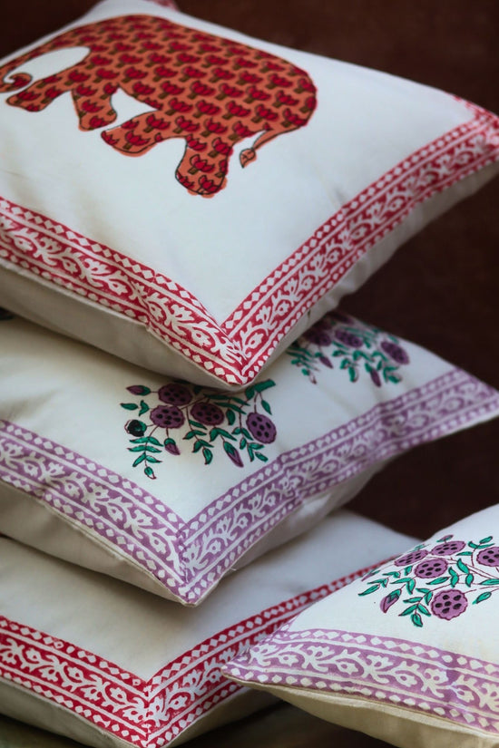 Ele block printed & Purple floweret Cushion Cover combo handmade in India