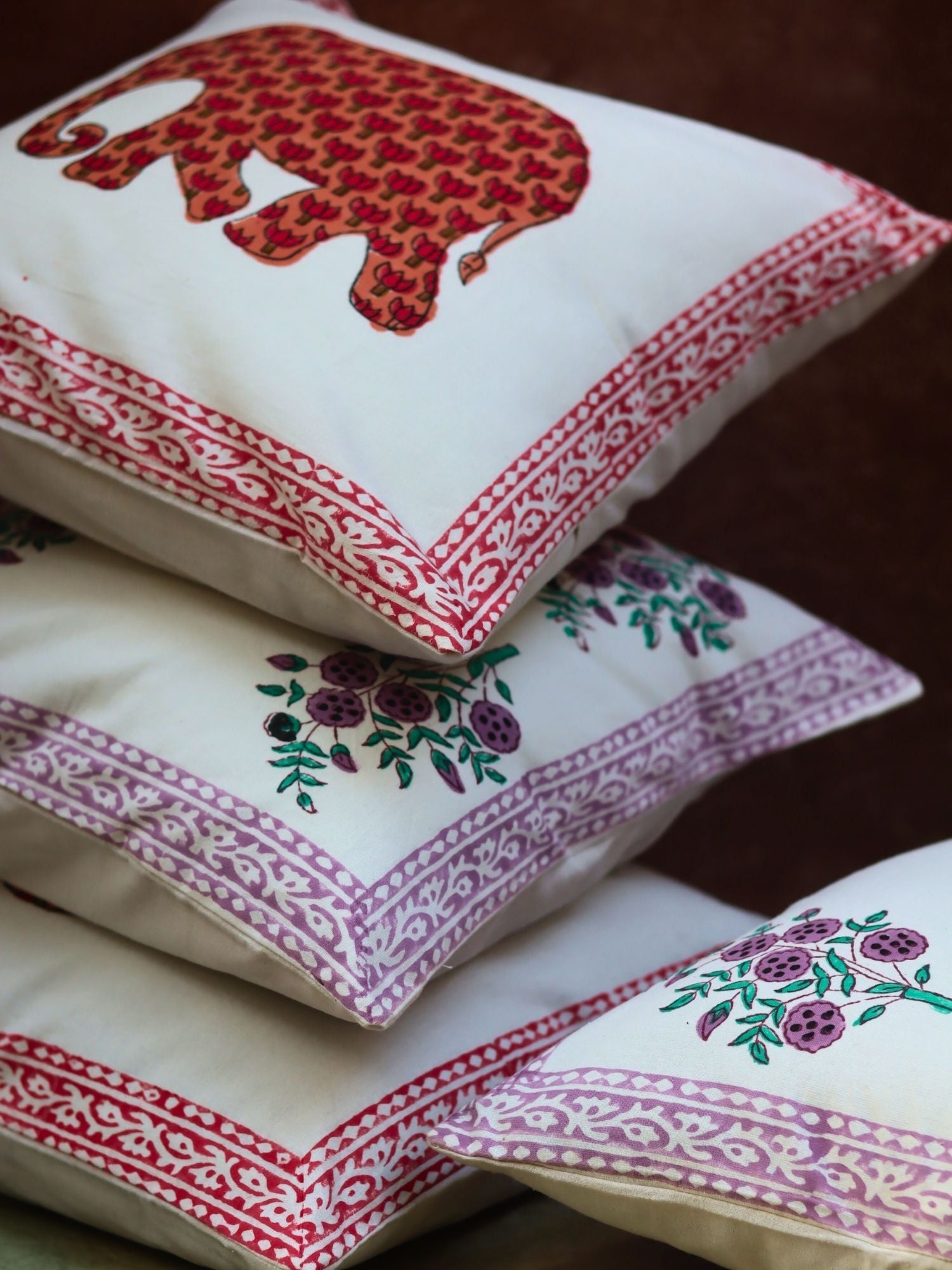 Ele block printed & Purple floweret Cushion Cover combo handmade in India