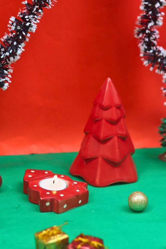 Set of 2 - Christmas tree tea Light holder & Red Conical Christmas tree combo handmade in india