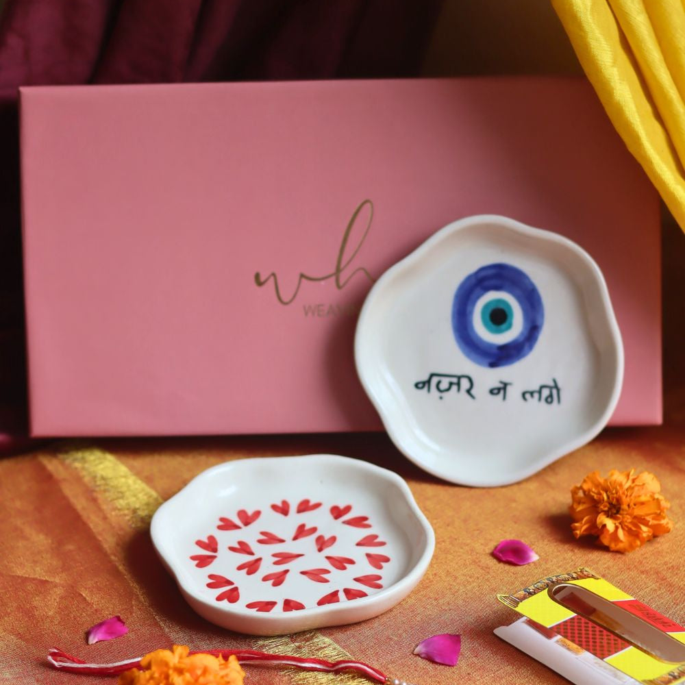 Heart & Nazar Handmade Dessert plate Rakhi Gift box made by ceramic