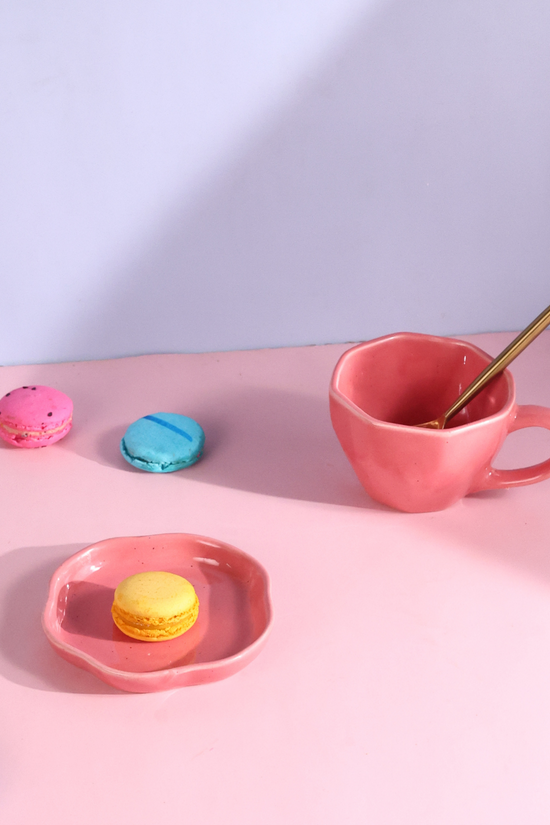 handmade salmon pink mug & dessert plate set of two combo