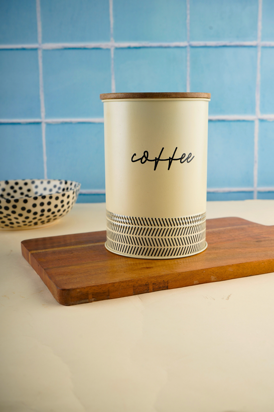 Handmade metal coffee jar with wooden lid