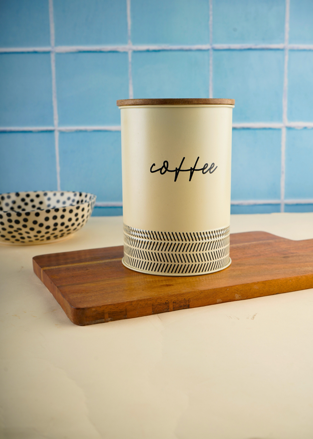 Handmade metal coffee jar with wooden lid