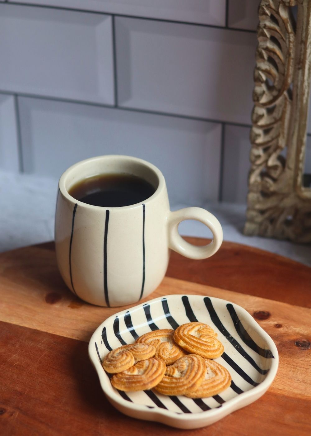 handmade black lined mug & zebra dessert plate