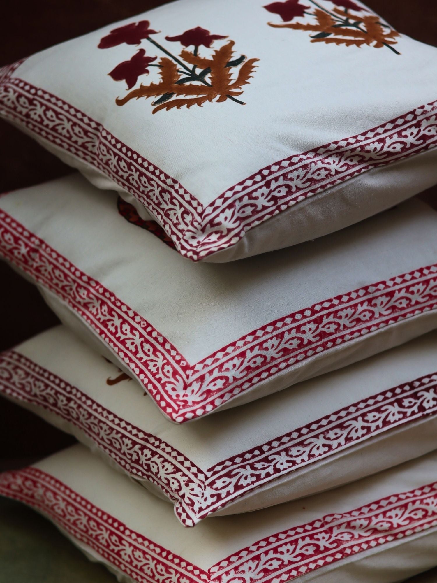 Handmade Maroon Floral & Ele Block Printed Cushion Covers combo