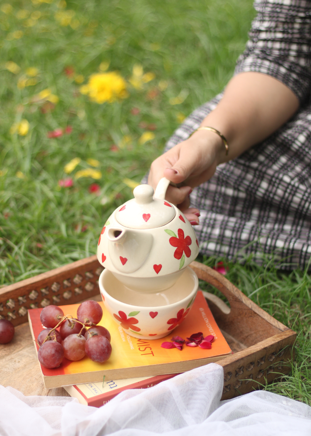 handmade floral tea kettle with cup - tea for one 