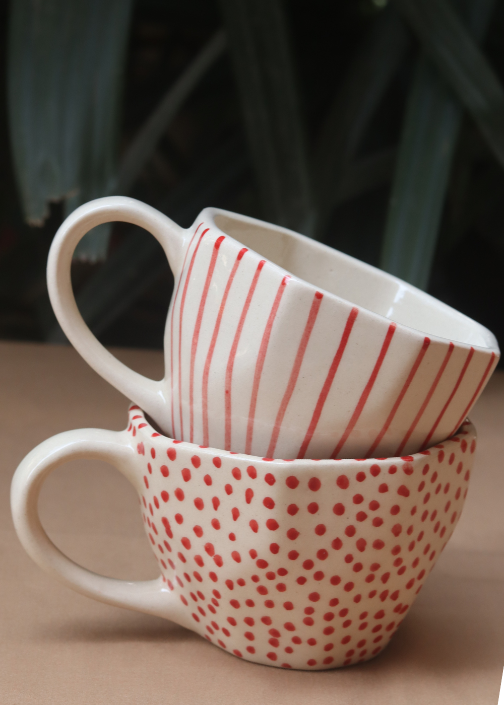 red polka & lined mug made by ceramic 