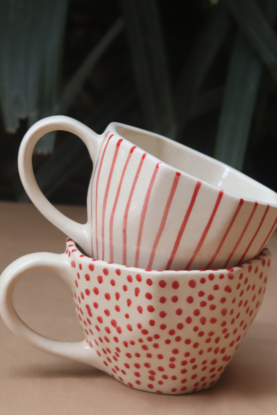 red polka & lined mug made by ceramic 
