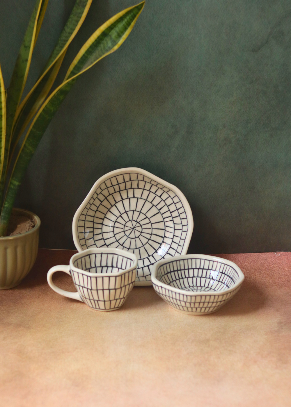 Black & white ceramic bowls & coffee mug