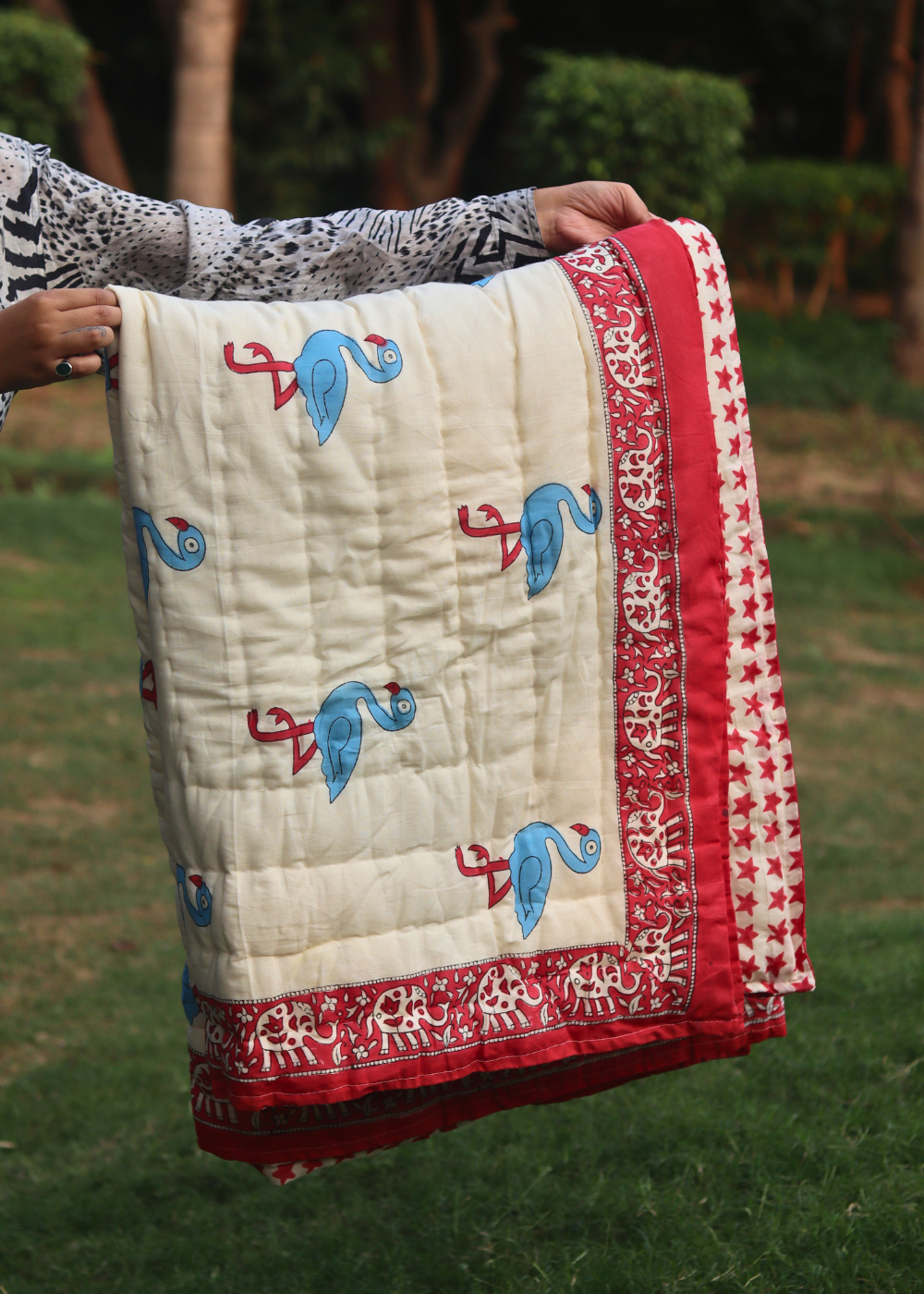 Cotton swan blanket in hand