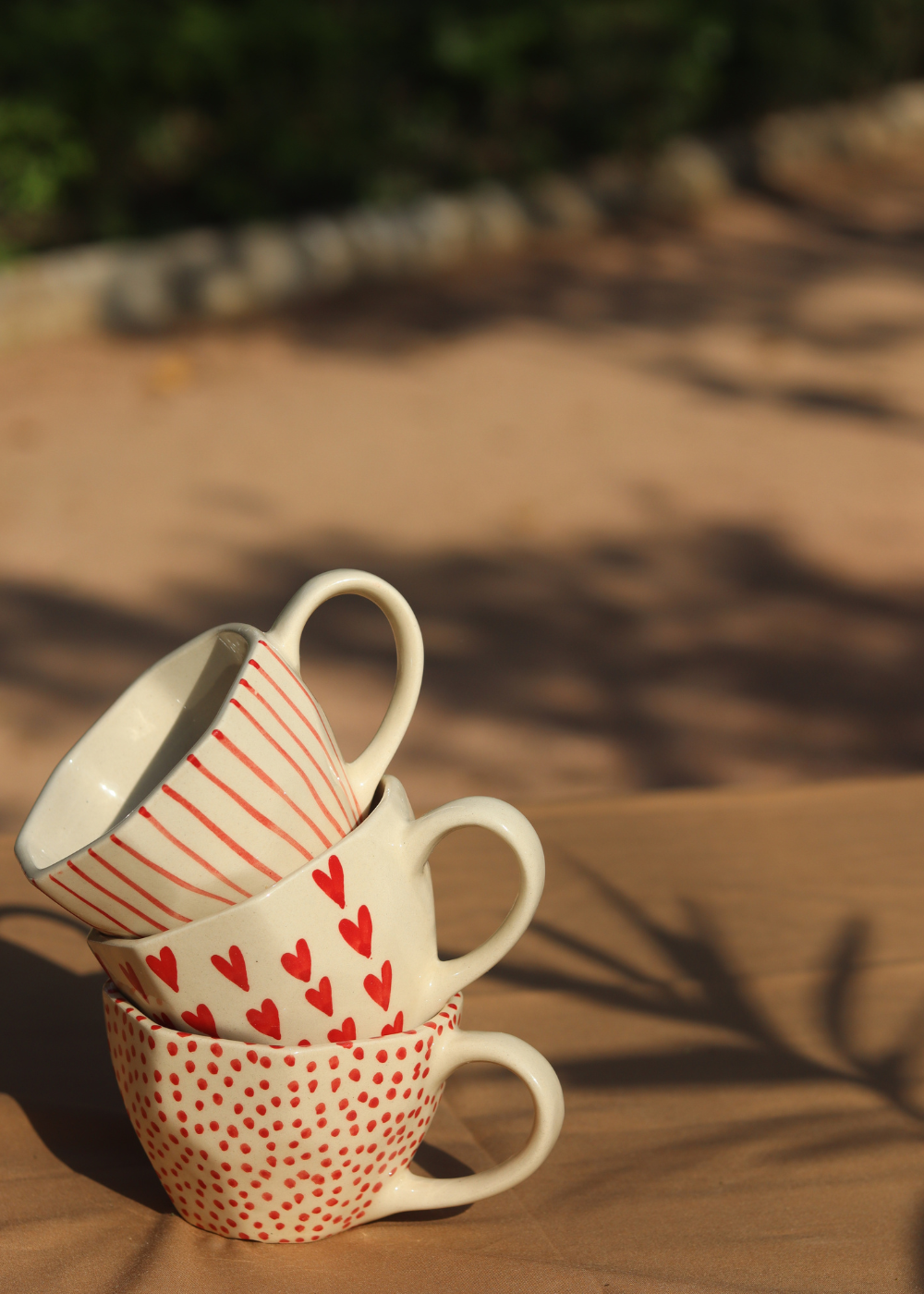 handmade red polka, lined & heart mugs 