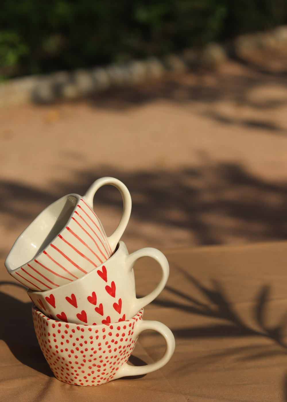 Red Polka, Lined and Heart Mug - Set of three handmade in india