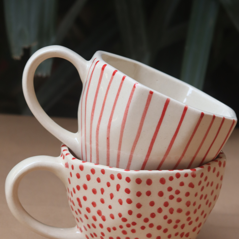handmade red polka & red lined mug 
