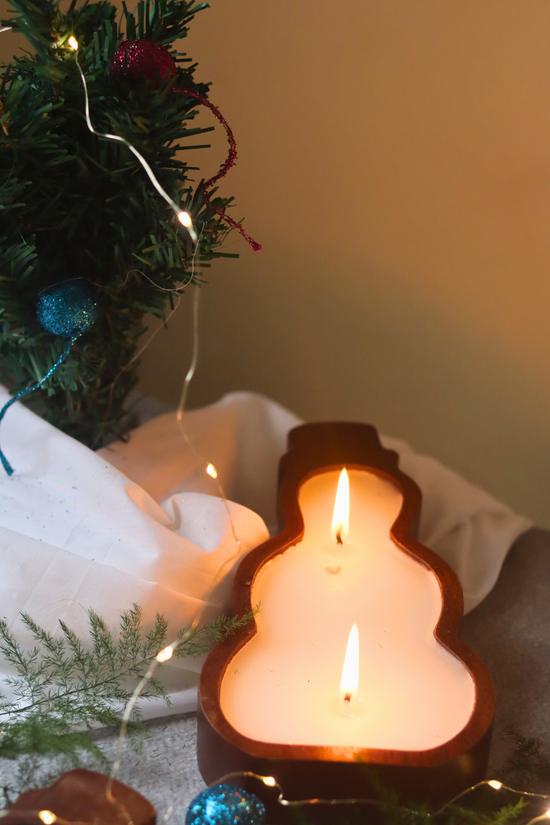 Stunning wooden snowman soy wax candle 