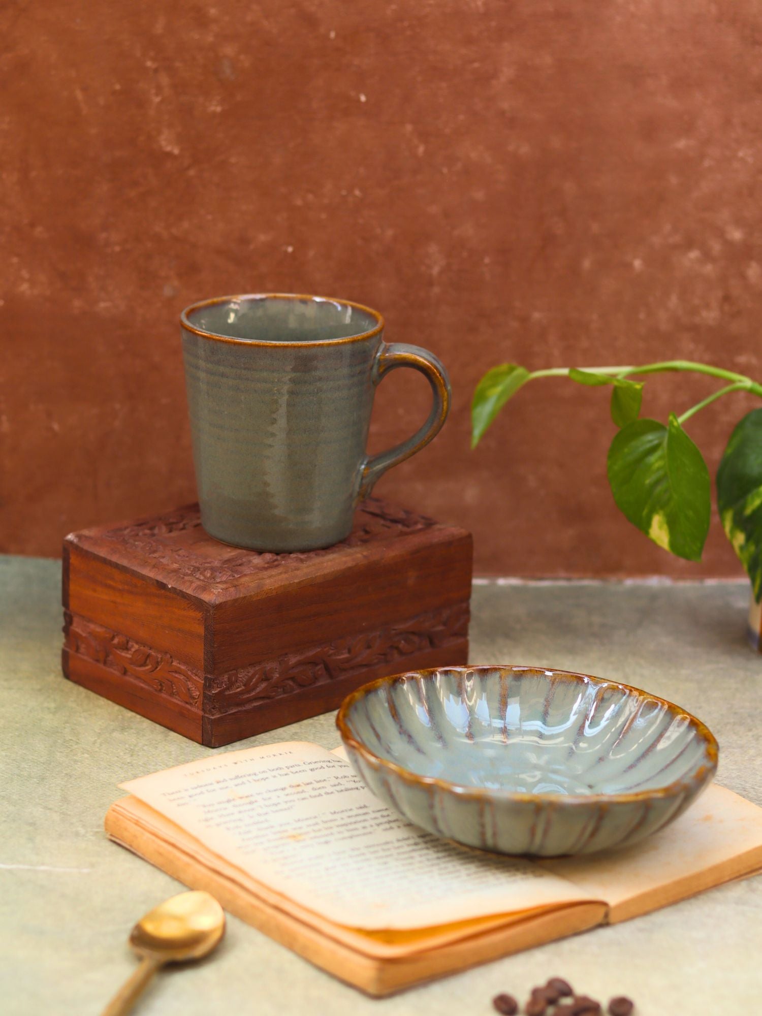 Set of 2 - Olive Coffee Mug & Green Blossom Bowl combo with premium quality material