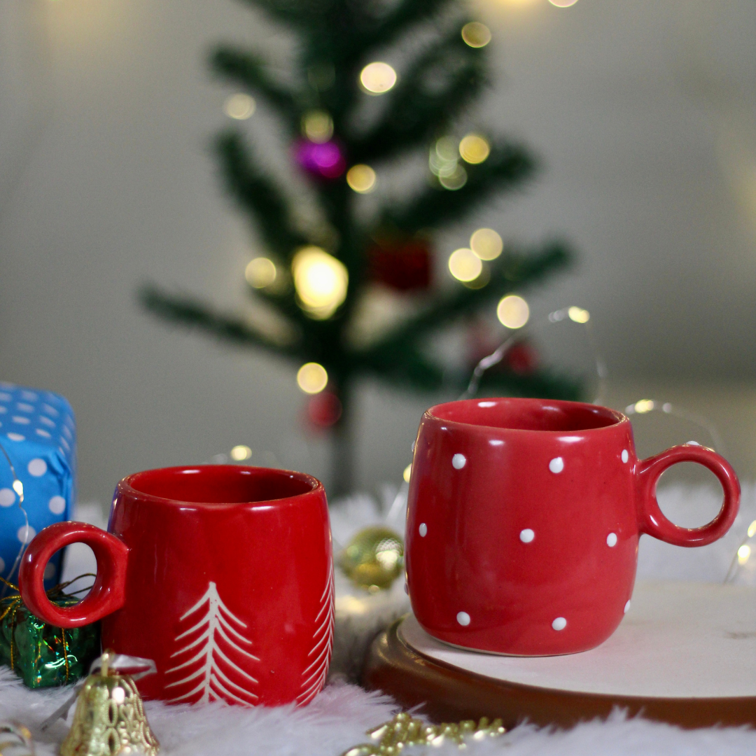 handmade red christmas tree mug with red polka christmas mug