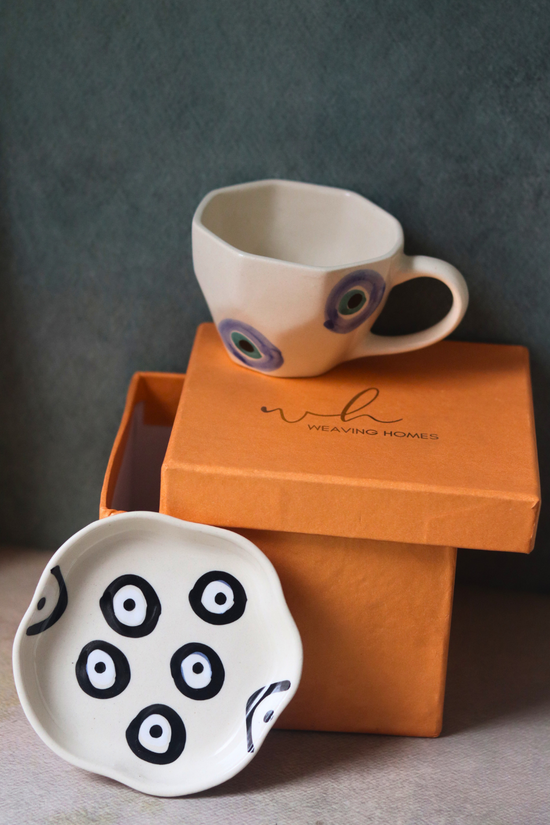 Ceramic evil eye coffee mug & dessert plate