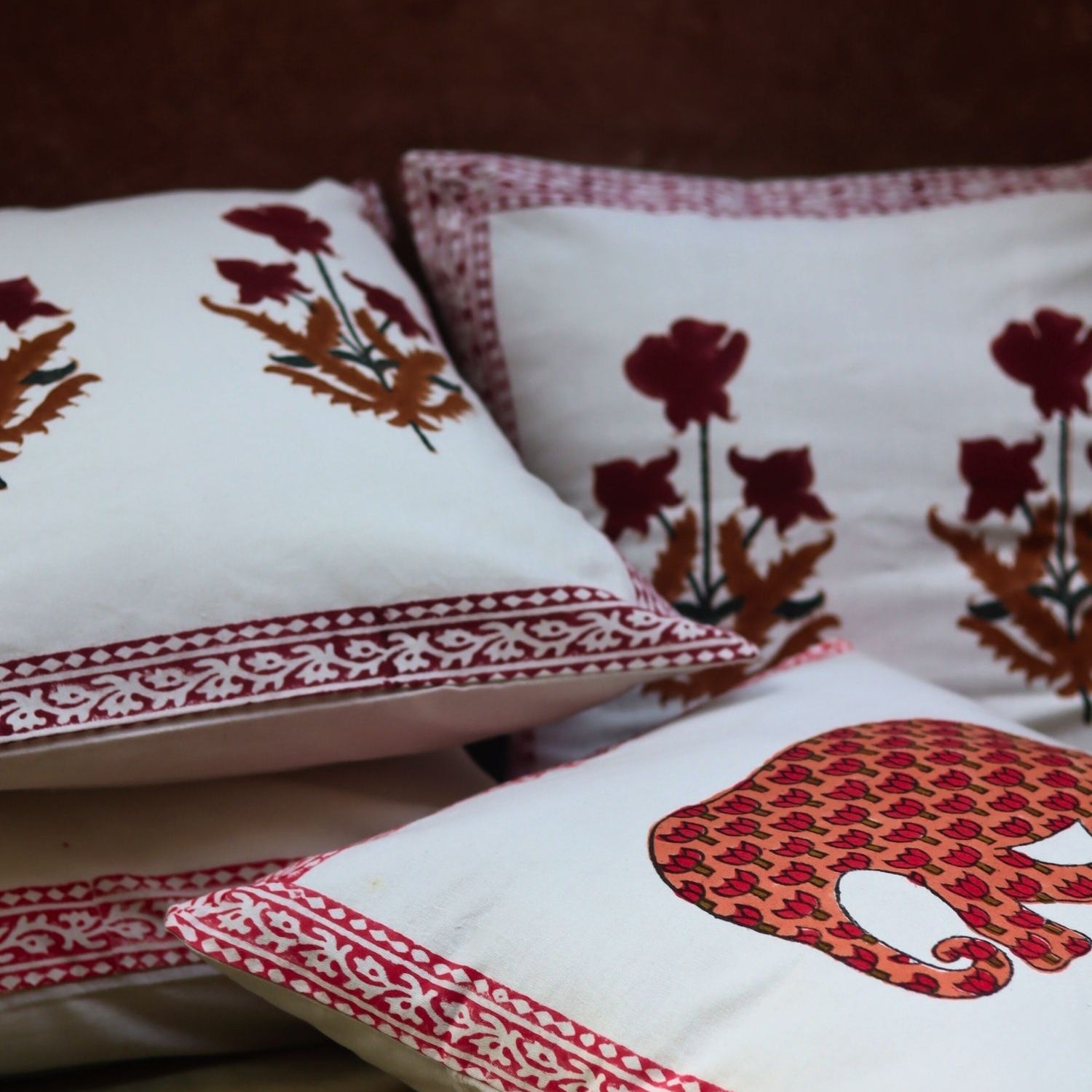 Maroon Floral & Ele Block Printed Cushion Covers combo made by ceramic