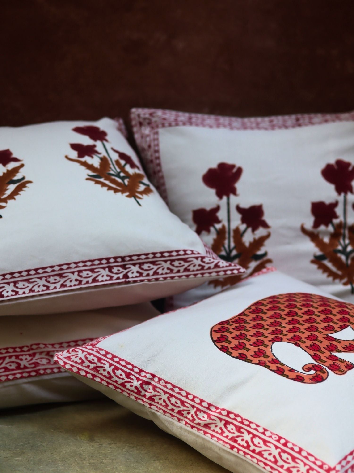 Maroon Floral & Ele Block Printed Cushion Covers combo made by ceramic