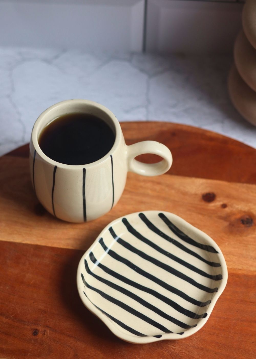 black lined mug & zebra dessert plate handmade in india 