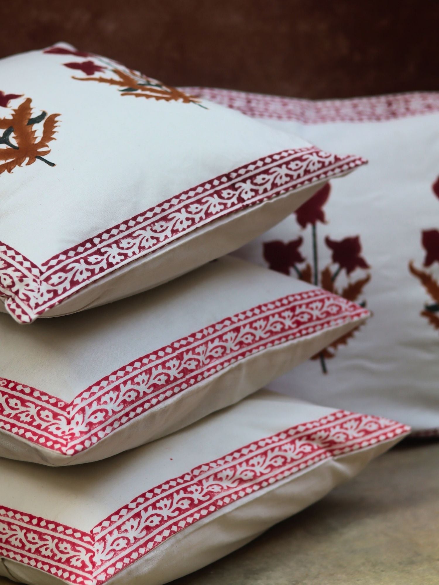 Maroon Floral & Ele Block Printed Cushion Covers combo with premium quality material