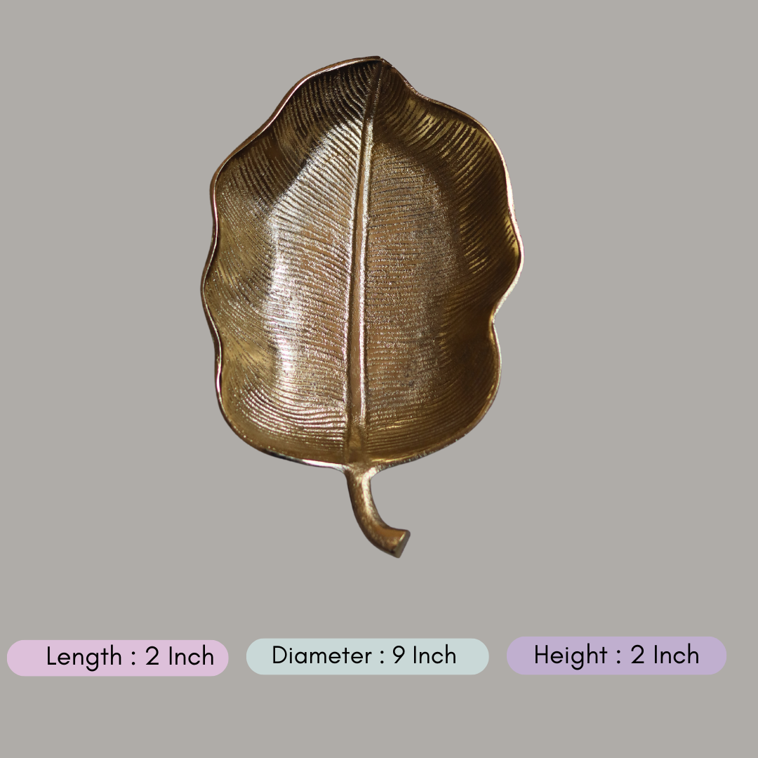 handmade gold - plated hazel leaf decoration platter with measurement