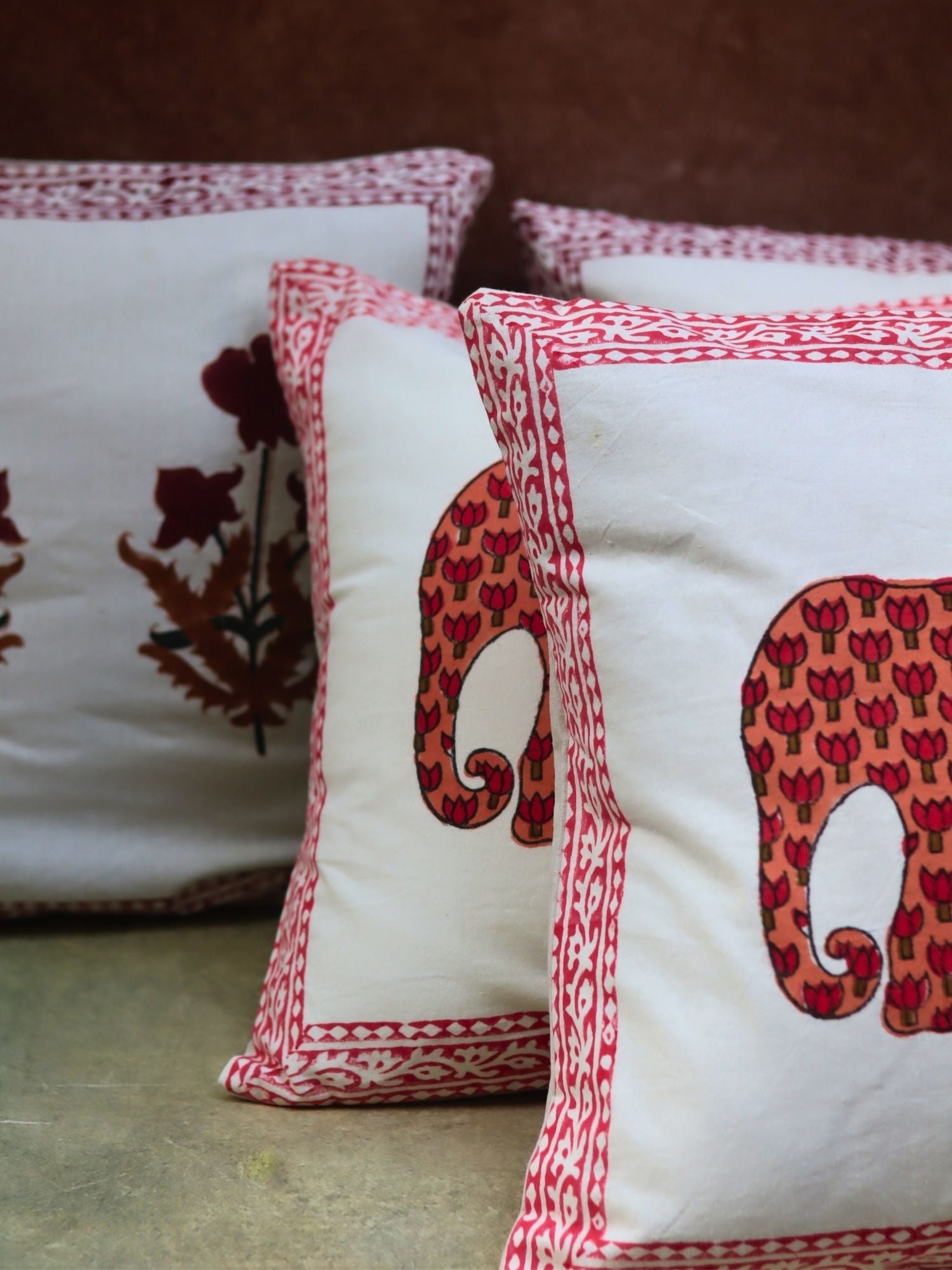 Maroon Floral & Ele Block Printed Cushion Covers combo handmade in india