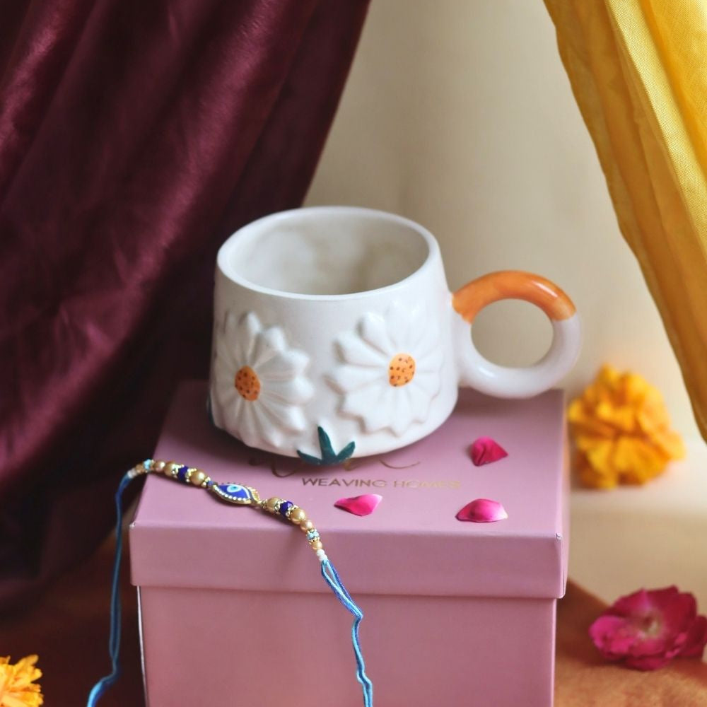 Daisy Mug Rakhi Gift Box made by ceramic