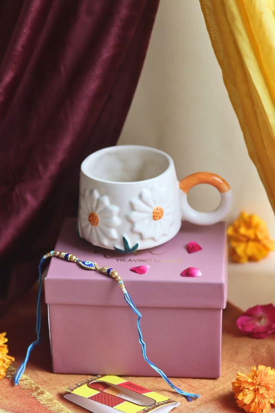 Daisy Mug Rakhi Gift Box made by ceramic