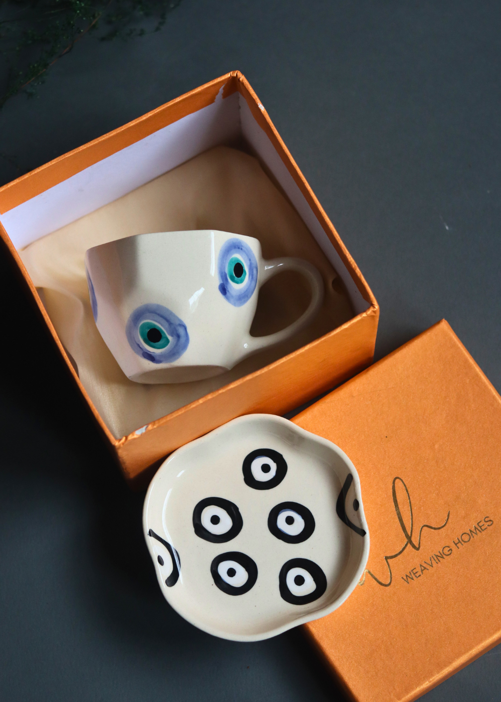 Handmade ceramic coffee mug & dessert plate in a gift box
