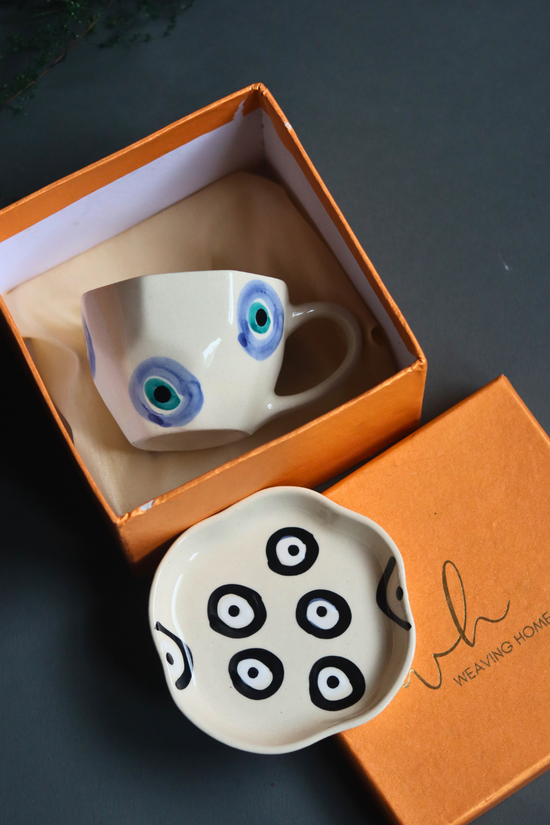 Handmade ceramic coffee mug & dessert plate in a gift box